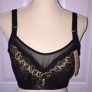 Lianyilu Ladies Black Gold Lace Underwire Bra Size 44C